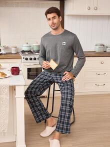 CoupledUp 男士休闲圆领长袖上衣和梭织长裤睡衣套装，秋冬服装 - 深灰色 - 查看 6