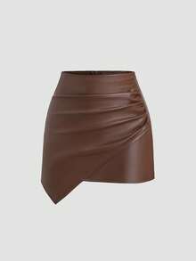 Sweetra Fashionable High-End Design Asymmetrical Pleated Bodycon Mini Skirt, Slimming, Brown, Suitable For New Year Party, Autumn/Winter - Brown - View 1