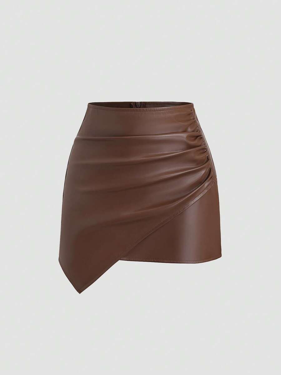 Sweetra Fashionable High-End Design Asymmetrical Pleated Bodycon Mini Skirt, Slimming, Brown, Suitable For New Year Party, Autumn/Winter - Brown - View 1