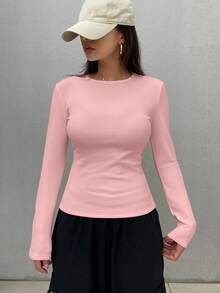 FRIFUL Áo thun nữ tay dài dáng ôm cổ tròn màu trơn chất liệu len Raglan ấm áp - Hồng - Xem 2