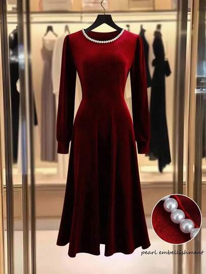 GlowEve CURVE Women's Velvet Knit Waist Flared A-Line Dress With Pearl Collar Decor, Elegant For Daily, Commute, Business, French Romantic Date, Party, Christmas, Autumn/Winter, Wine Red