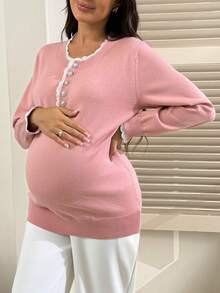 SHEIN Maternity Loose Fit Crew Neck Long Sleeve Sweater With Lace & Rhinestone Trim - Pink - View 4