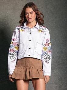 WESTFADE Collared Button Front Western Seamed Patch Pocket Floral Embroidered Denim Jacket Fall, Autumn, WInter, Casual, Cute, Boho - White - View 2