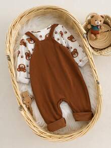 SHEIN Playful Pals 两件套男婴套装，长袖连体衣+背带裤，小熊字母刺绣，休闲卡通套装，婴儿连体衣，小熊摩卡色婴儿服装，妈妈的小绅士套装，新生儿服装，男女通用男婴小熊套装，新生儿连体衣，新生儿背带裤，1-18个月男婴服装，棕色小熊服装，新生儿男婴服装，秋冬季 - 棕色 - 查看 2