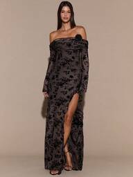 SHEIN BAE Vestido ajustado de manga larga con hombros descubiertos y efecto flockado negro, vestido largo elegante con efecto flockado, vestido formal para salidas, fiestas y citas