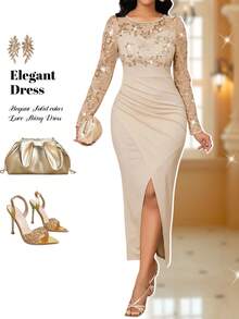 Fleurora Đầm bodycon xẻ tà đính sequin đan tương phản màu kaki cho mùa xuân và mùa thu và mùa đông sang trọng cho tiệc cưới ngày lễ tình nhân tiệc cocktail hòa nhạc - Màu Khaki - Xem 8
