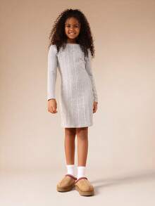 SUMWON Tween Girls Long Sleeve Ribbed Knit Mini Dress Crew Neck Winter Cozy Bodycon Sweater Dress - Grey - View 2