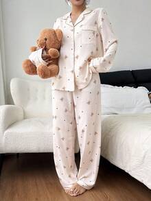 Cute Cartoon Bear Print Lapel Top & Pants Women Pajama Set Soft Pajamas Set Bear Print Pajamas Sleepwear Women Cute Sleepwear, Fall & Winter Clothes Cute Pajama Teddy Bear Pajama Set Kawaii Pajamas Cute Pj Set