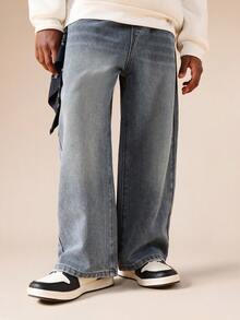 Quần jeans ống rộng SUMWON với họa tiết in mờ phía sau và phụ kiện khăn bandana dành cho bé trai, phong cách thường ngày, đường phố, đi nghỉ mát. - Rửa trung bình - Xem 2