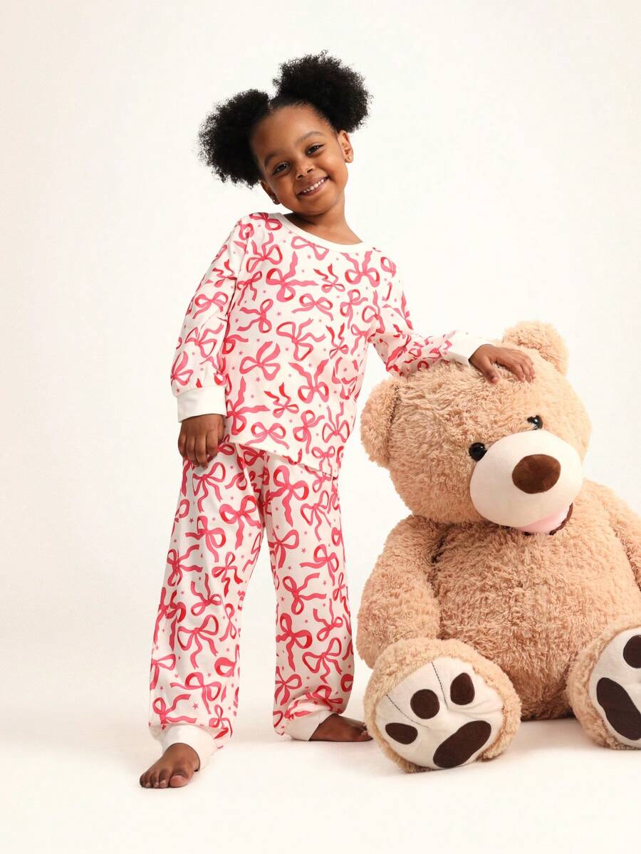 SUMWON Conjunto de pijama de niña con estampado de lazo navideño, de manga larga y cuello redondo, ropa de dormir para ocasiones casuales y vacaciones - Rosa - Ver 1