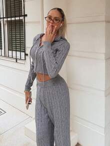 DAZY 秋冬休闲修身针织开衫和直筒裤套装，新年和圣诞节时尚连帽毛衣，纹理针织运动紧身裤，女士两件套毛衣套装 - 灰色 - 查看 14