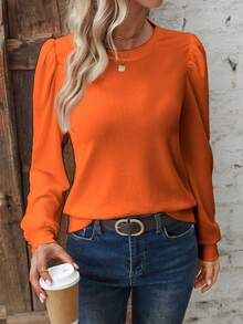 EMERY ROSE Women's Casual Solid Color Round Neck Puff Sleeve T-Shirt, Autumn - Orange - View 3