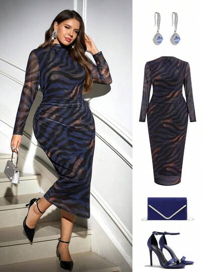 Ellevyn Curvy Plus Size Women's Blue High-Elastic Mesh Zebra Print Pleated Slim Fit Elegant Long Sleeve Wrap Bodycon Long Dress,Wrap Dress,Dress Elegant Dress,Fall Clothes For Women,Winter Clothes For Women,Fall Clothes Plus Size ,Winter Clothes,Autumn, Winter Outfit For Women,Night Out,Going Out Outfit , Old Money Style Women,Suitable For Multiple Occasions,Christmas,Christmas,Fall Dresses For Women,Winter Dresses For Women ,Fall Wedding Guest Dress,Autumn Dress, Homecoming Dress ,Hoco Dressses, Date Night Outfits Women,Going Out Dress, Date Night Outfit,Wedding Guest Dress Women,Mother Of The Bride Dresses For Wedding, Formal Dresses For Wedding Guest,Dresses For Wedding Event , Fall Wedding Guest Dress,Wedding Guest Dress Elegant,2025 New,New Year Party Dress,Luxury Dress,Chic Evening Dress ,Size Formal Dress,Thanksgiving Outfit For Women, Elegant Dresses For Party,Party Dresses,Elegant Dresses For Ladies