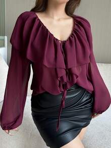 Vibekara 大码V领纯色雪纺荷叶边下摆透视性感长袖上衣 - 酒紅色 - 查看 2