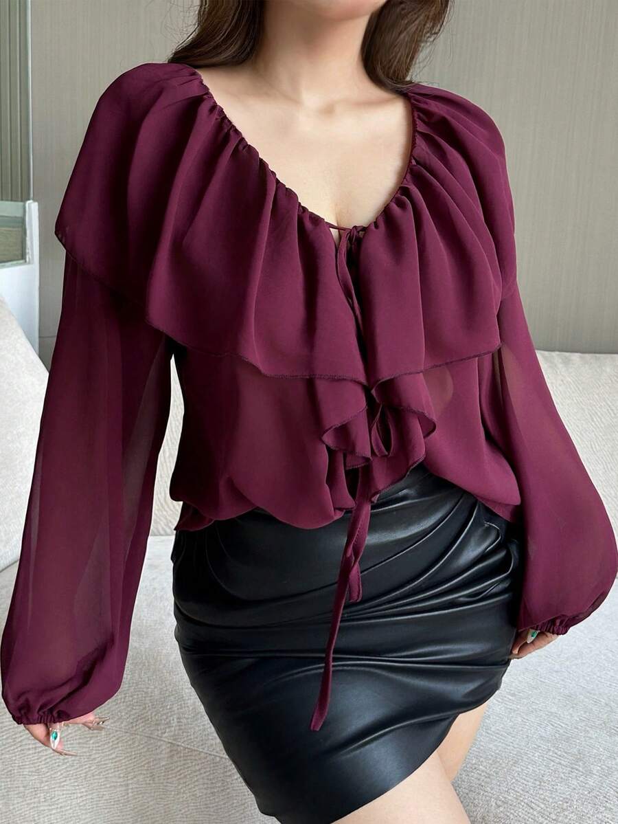 Vibekara Plus Size V-Neck Solid Color Chiffon Ruffle Hem Sheer Sexy Long Sleeve Blouse - Burgundy - View 1