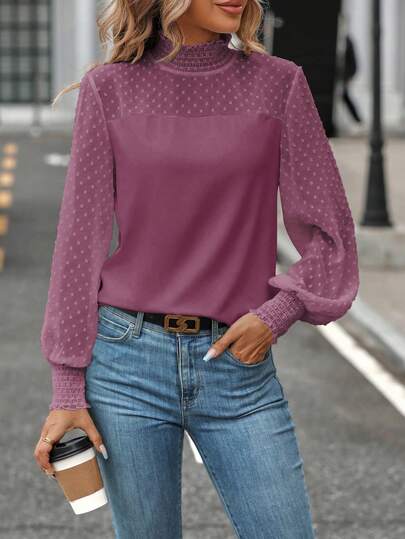 SHEIN Clasi 여성용 스위스 도트 스탠드 칼라 랜턴 슬리브