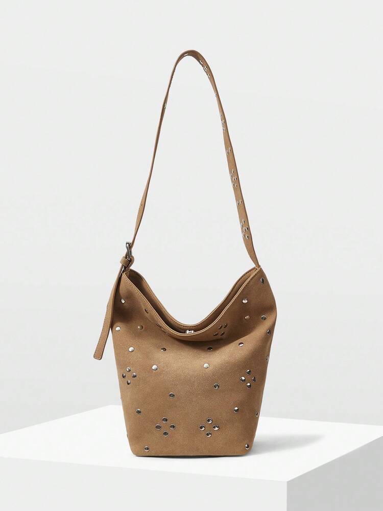 WOMEN'S FASHION COMMUTER RIVET DECOR FAUX SUEDE LARGE CAPACITY SHOULDER BAG