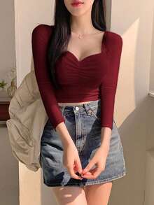 DAZY 女士纯色心形领褶皱修身长袖T恤 - 酒紅色 - 查看 2