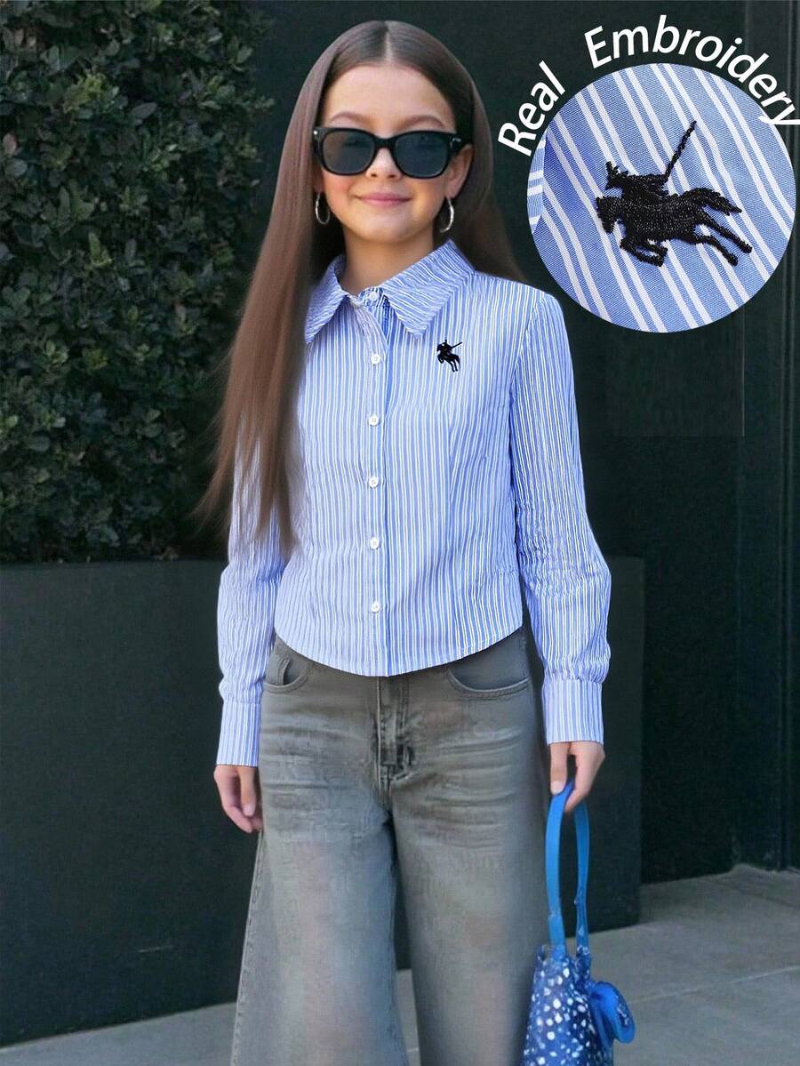 Firerie Kids Firerie Kids Tween Girls' Casual Striped Collared Button-Up Long Sleeve Equestrian Embroidered Shirt, Suitable For Autumn/Winter