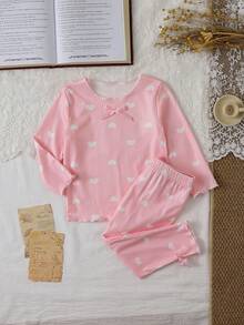 SHEIN Áo thun và quần in hình trái tim trang trí nơ cho bé gái trang phục thường ngày - Hồng - Xem 6