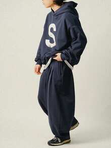 DAZY Men's Letter Print Loose Fit Hoodie Set, Navy Blue, Autumn - Navy Blue - View 4