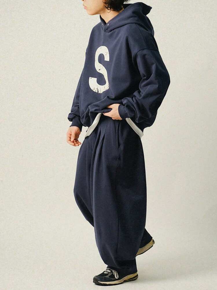 DAZY Conjunto de sudadera holgada con estampado de letras para hombre, azul marino, otoño - Azul Marino - Añade 4