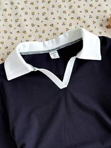 少女白色针织长袖T恤，时尚百搭休闲基础款 - 藏蓝色 - 查看 3