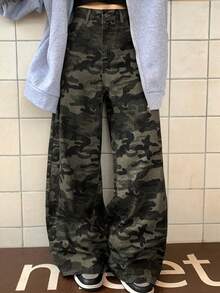 DAZY 女士宽松迷彩印花口袋休闲阔腿牛仔裤