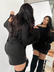 Firerie Vestido de mujer de talla grande de unicolor con hombros oblicuos, manga larga y acanalado de moda - Negro - Ver 7