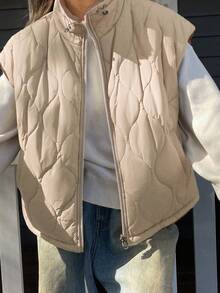 DAZY 2-en-1 Gilet matelassé épais doublé de faux thermique, style court Manteau matelassé pour femmes - Beige - Voir 4