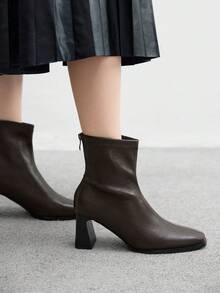CUCCOO BIZCHIC Women's Fashion Square Toe Chunky Heel Zipper Back Soft Leather Ankle Boots, Comfortable For Daily Commute And Shopping - Coffee Brown - View 1