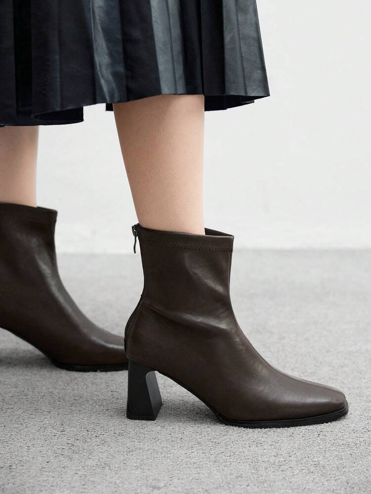 CUCCOO BIZCHIC Women's Fashion Square Toe Chunky Heel Zipper Back Soft Leather Ankle Boots, Comfortable For Daily Commute And Shopping