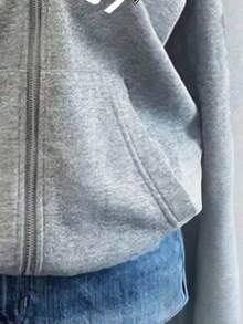 SHEIN 1件少女高档灰色连帽字母波士顿城市印花拉链长袖外套，百搭街头风，日常穿着舒适，适合秋冬季节穿着。灰色拉链卫衣，灰色立领拉链赛车风格卫衣。 - 灰色 - 查看 4