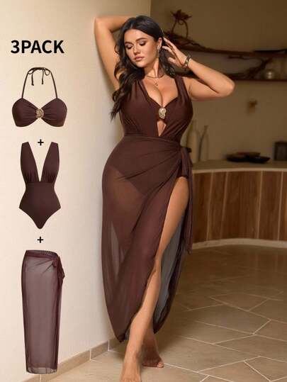 Swim Chiccia Traje de baño de una pieza elegante de talla grande con 3 piezas, decoración de hebilla de metal marrón, se puede usar por separado con atuendos, adecuado para fiestas y vacaciones