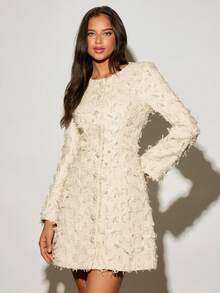 Enchnt Abito corto elegante da donna con collo rotondo, maniche lunghe, monopetto e design a frange in colore unito