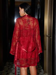 SilkySpell Conjunto de bata con ribete de encaje y camisola sexy con parches de encaje - Burdeos - Ver 2