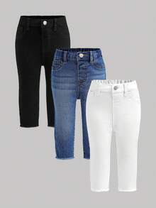 3pcs/Set Baby Girls' Blue, White, Black Denim Stretch Skinny Pants,Fall Clothes,Winter Clothing ,Casual And Fashionable Vacation Outfits,2000s Style  ,Christmas Clothing,Baby Girls  Leggings,Denim  Leggings - Multicolor - View 11