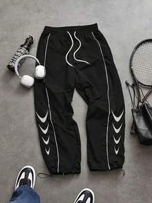 Sport MetroGents Men's Contrast Trim Graphic Print Drawstring Waist Sports Pants - Black - View 1
