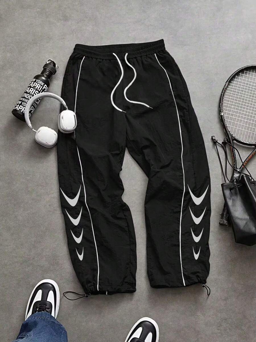 Sport MetroGents Men's Contrast Trim Graphic Print Drawstring Waist Sports Pants - Black - View 1