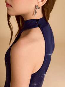 女童藏蓝色长款正式礼服，及踝儿童派对礼服，闪亮节日礼服 - 藏蓝色 - 查看 8