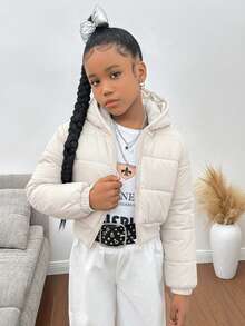 SHEIN Chaqueta acolchada con capucha casual de estilo urbano gruesa y acolchada para niña preadolescente, para otoño/invierno - Albaricoque - Ver 5