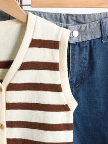 SHEIN Lässiger, minimalistischer und bequemer Pullover für Mädchen im Teenageralter mit V-Ausschnitt, ärmellos, gestreift und mit Metallschnallenverzierung - Braun - Übersicht 5