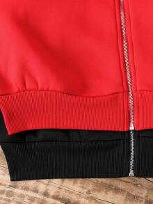 SHEIN 2件套少女宽松休闲连帽拉链长袖卫衣套装 - 紅色 - 查看 4