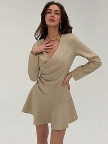 Aloruh Women's Elegant Long-Sleeved V-Neck Mini Dress,Khaki Autumn Solid Color Pleated Waist A-Line Party Dress,Wedding Guest Dinner Date Commute - Grey - View 4