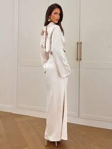 Aloruh Women's Glamorous Elegant High Collar, Padded Shoulder, Wide Shoulder, Waist Cinched, Ruched, Solid Color, Long Satin Dress,Women Dating Dress,Women Night Out Dress,Wedding Guest Dress Women ,Sun Dresses For Women ,Elegant Dresses For Party Birthday Dresses For Women,Id AI-Adha , AI-Adha Party - Apricot - View 6