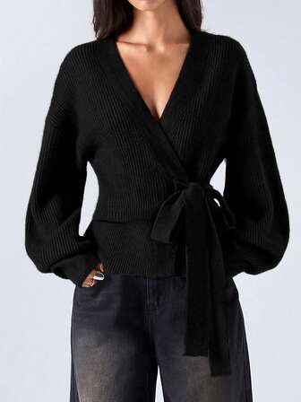 LYSMO 2025 New Minimalist Autumn Women's Casual Daily Commuter Simple Black Drop Shoulder Loose Side Knot Cardigan, Autumn And Winter Wrap Tops Women's Sweater Sweater Tops Black Tops Front Tie Tops,Black Sweater,Fall,Fall Clothes For Women