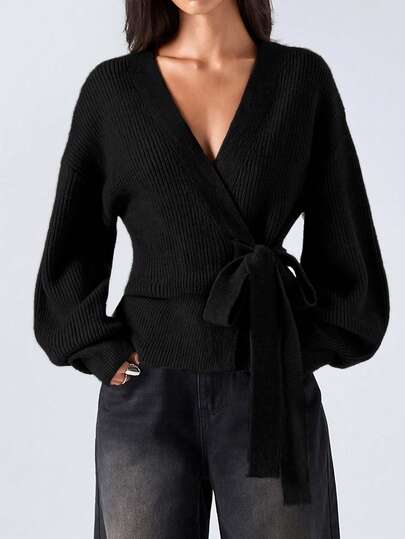 LYSMO 2025 Neuer minimalistischer Herbst Damen Lässig Pendler einfacher schwarzer Oversized Cardigan mit Seitenschleife, Herbst und Winter Wickel Tops Damen Pullover Pullover Tops Schwarze Tops mit Vorderbindung