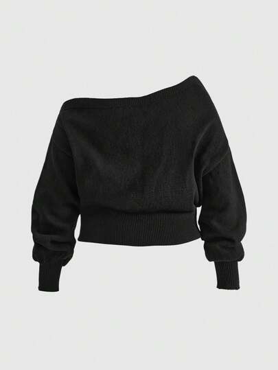 Goth Suéter de punto de manga larga con hombros oblicuos, estilo gótico, talla grande, casual y vintage, para otoño/invierno