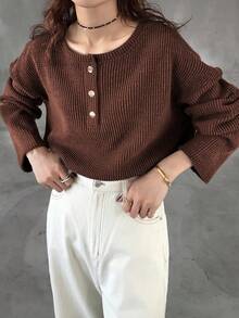 FRIFUL 女士休闲纯色落肩长袖T恤，秋季款 - 棕色 - 查看 1