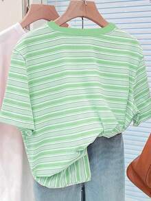 SHEIN Women's Striped Digital Print Lemon Embroidery Regular Crew Neck T-Shirt - Multicolor - View 2